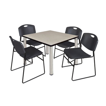 36 in Square Breakroom Table- Maple Top, Chrome Legs, 4 Zeng Stack Chairs- Black