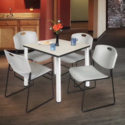 36 in Square Breakroom Table- Maple Top, Chrome Legs, 4 Zeng Stack Chairs- Grey