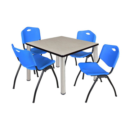 36 in Square Breakroom Table- Maple Top, Chrome Legs, 4 M Stack Chairs- Blue