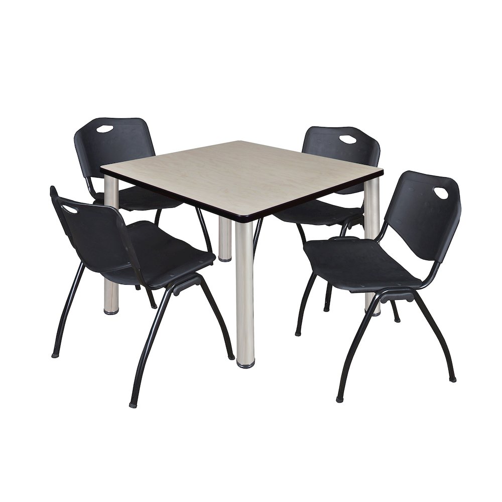 36 in Square Breakroom Table- Maple Top, Chrome Legs, 4 M Stack Chairs- Black
