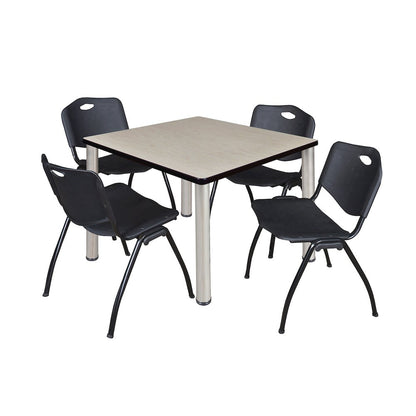 36 in Square Breakroom Table- Maple Top, Chrome Legs, 4 M Stack Chairs- Black