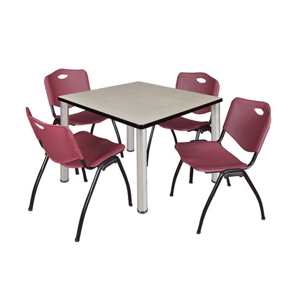 36 in Square Breakroom Table- Maple Top, Chrome Legs, 4 M Stack Chairs- Burgundy