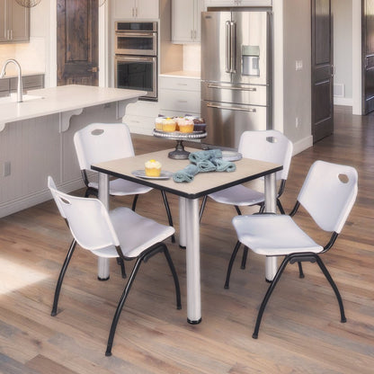 36 in Square Breakroom Table- Maple Top, Chrome Legs, 4 M Stack Chairs- Grey