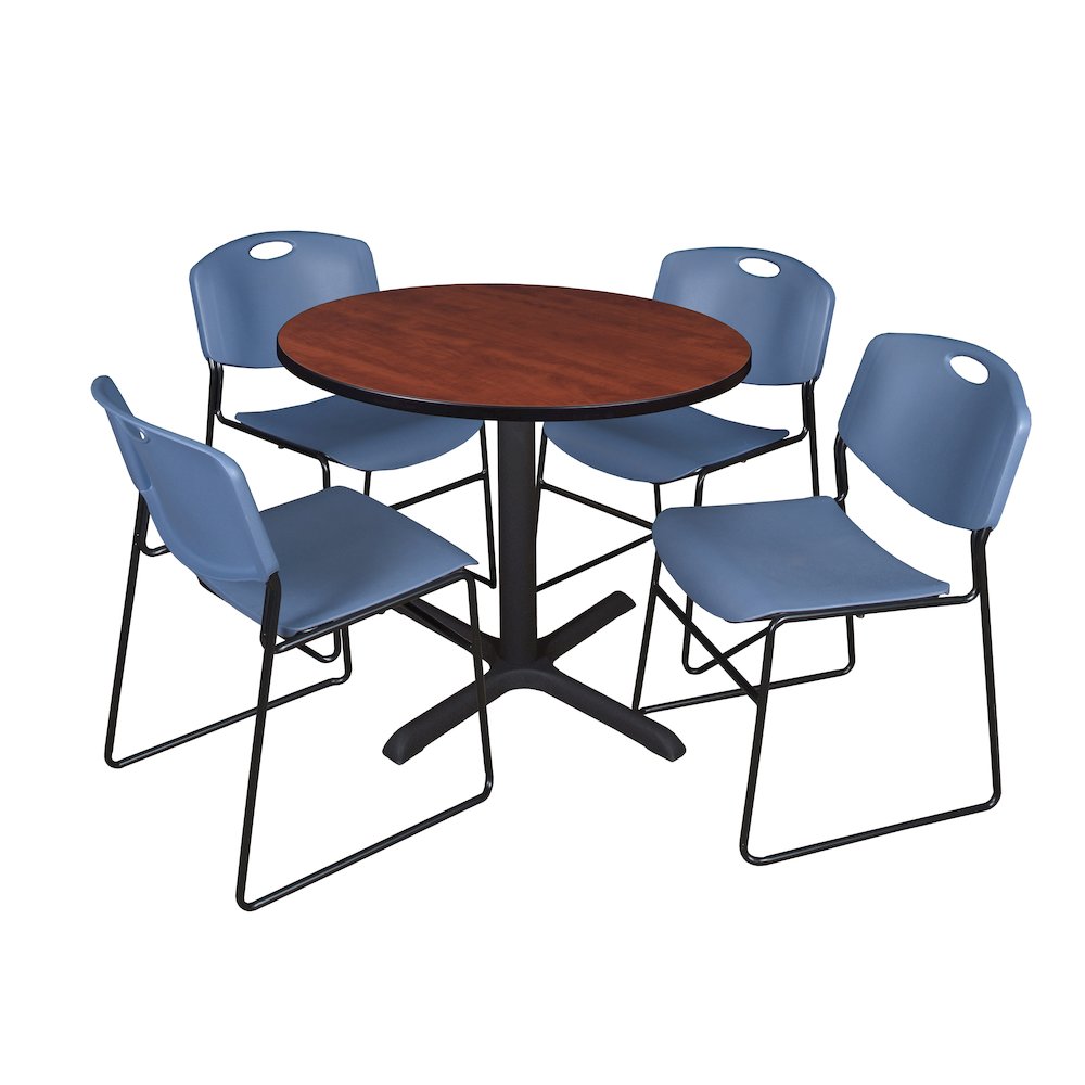 36 in. Round X-Base Breakroom Table- Cherry & 4 Zeng Stack Chairs- Blue