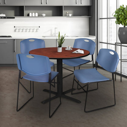 36 in. Round X-Base Breakroom Table- Cherry & 4 Zeng Stack Chairs- Blue