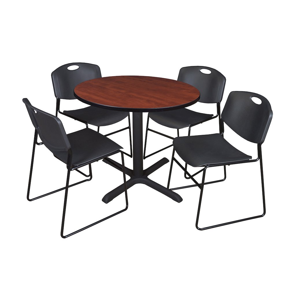 36 in. Round X-Base Breakroom Table- Cherry & 4 Zeng Stack Chairs- Black