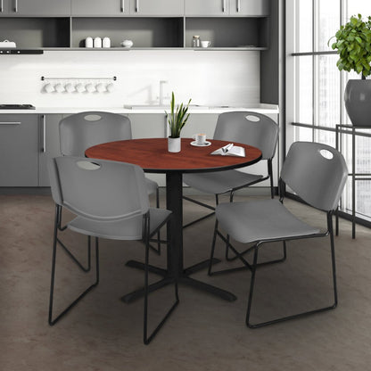 36 in. Round X-Base Breakroom Table- Cherry & 4 Zeng Stack Chairs- Grey