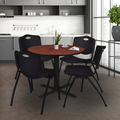 36 in. Round X-Base Breakroom Table- Cherry & 4 M Stack Chairs- Black