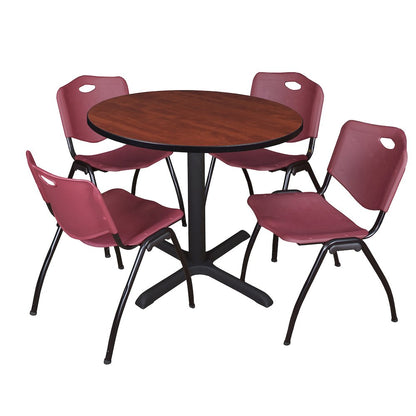 36 in. Round X-Base Breakroom Table- Cherry & 4 M Stack Chairs- Burgundy
