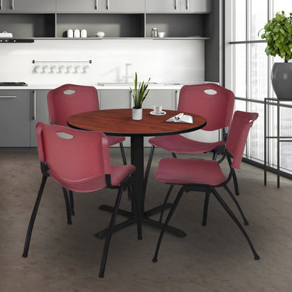 36 in. Round X-Base Breakroom Table- Cherry & 4 M Stack Chairs- Burgundy