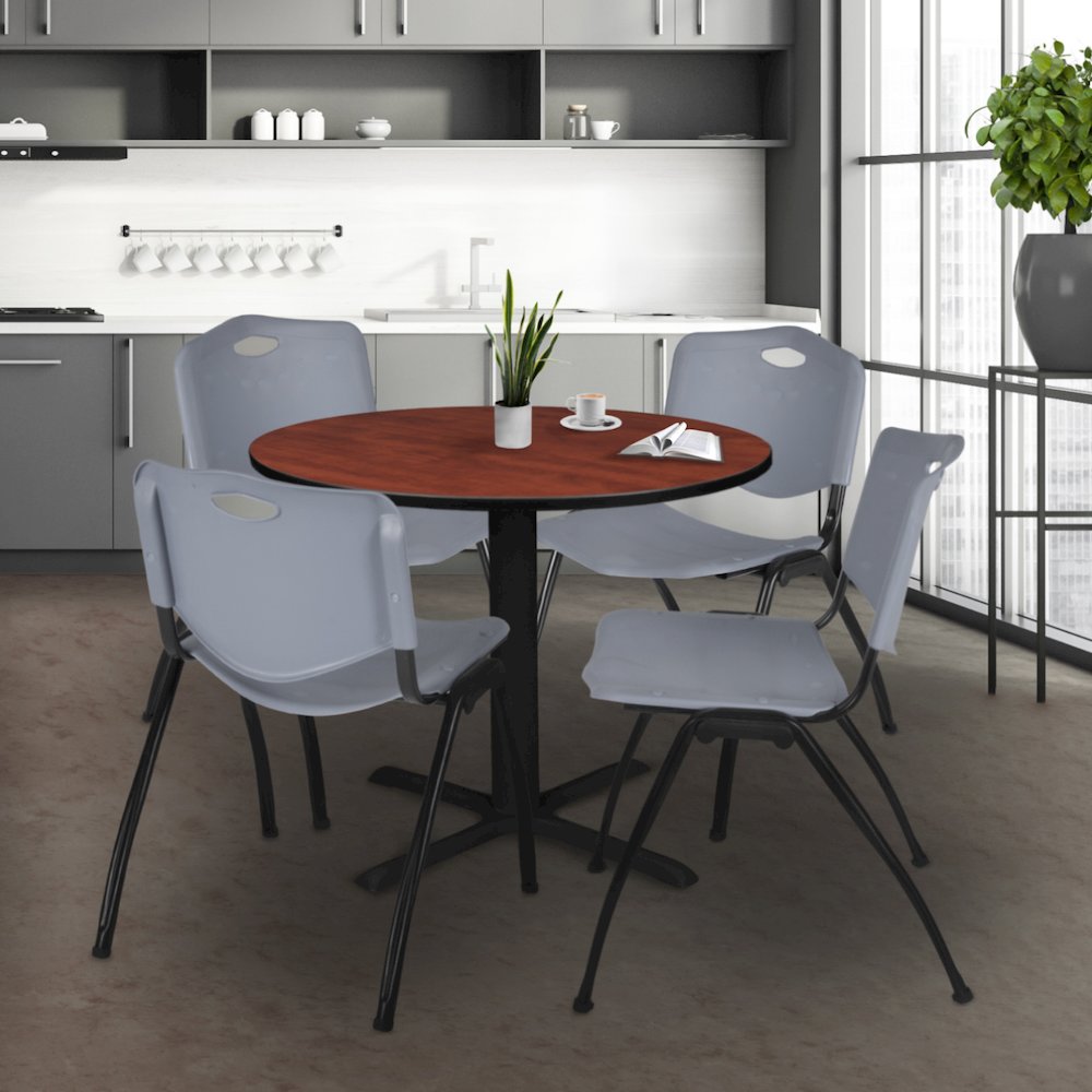 36 in. Round X-Base Breakroom Table- Cherry & 4 M Stack Chairs- Grey