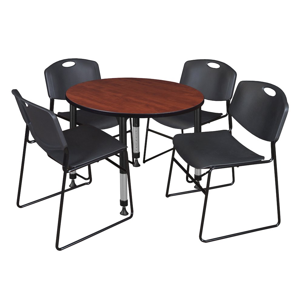 36 in. Round Adjustable Classroom Table- Cherry & 4 Zeng Stack Chairs- Black
