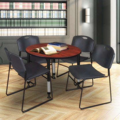 36 in. Round Adjustable Classroom Table- Cherry & 4 Zeng Stack Chairs- Black