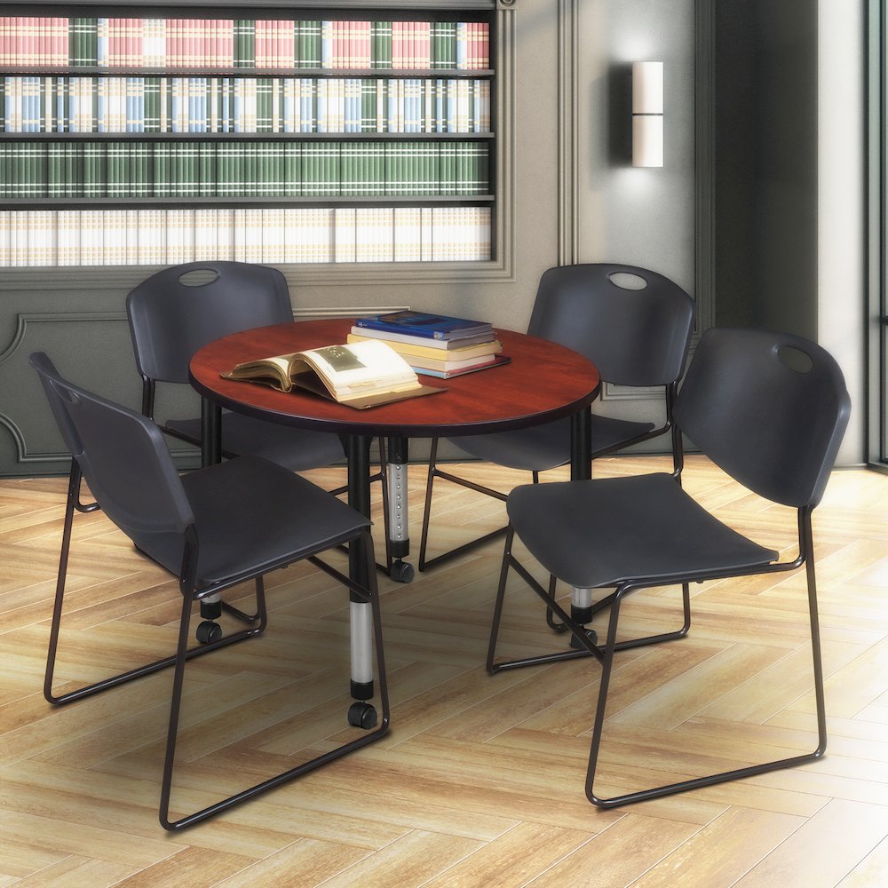 36 Round Mobile Adjustable Classroom Table- Cherry & 4 Zeng Stack Chairs- Black