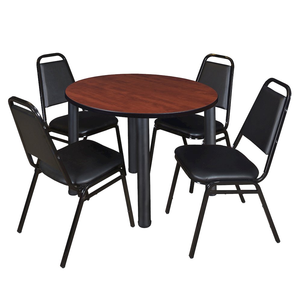 36 in Round Breakroom Table- Cherry Top, Black Legs, 4 Restaurant Stack Chairs