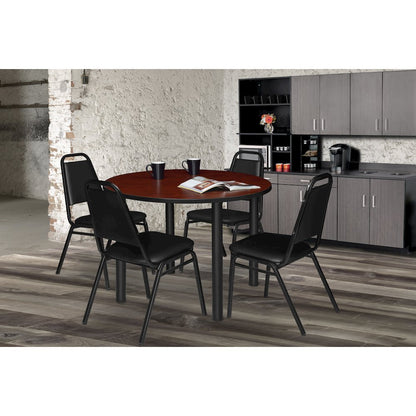 36 in Round Breakroom Table- Cherry Top, Black Legs, 4 Restaurant Stack Chairs
