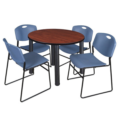 36 in Round Breakroom Table- Cherry Top, Black Legs, 4 Zeng Stack Chairs- Blue