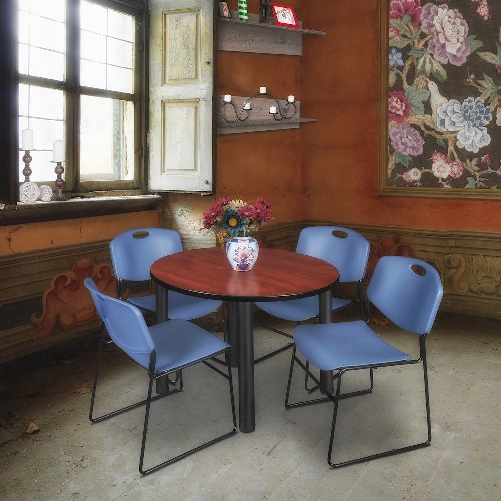 36 in Round Breakroom Table- Cherry Top, Black Legs, 4 Zeng Stack Chairs- Blue