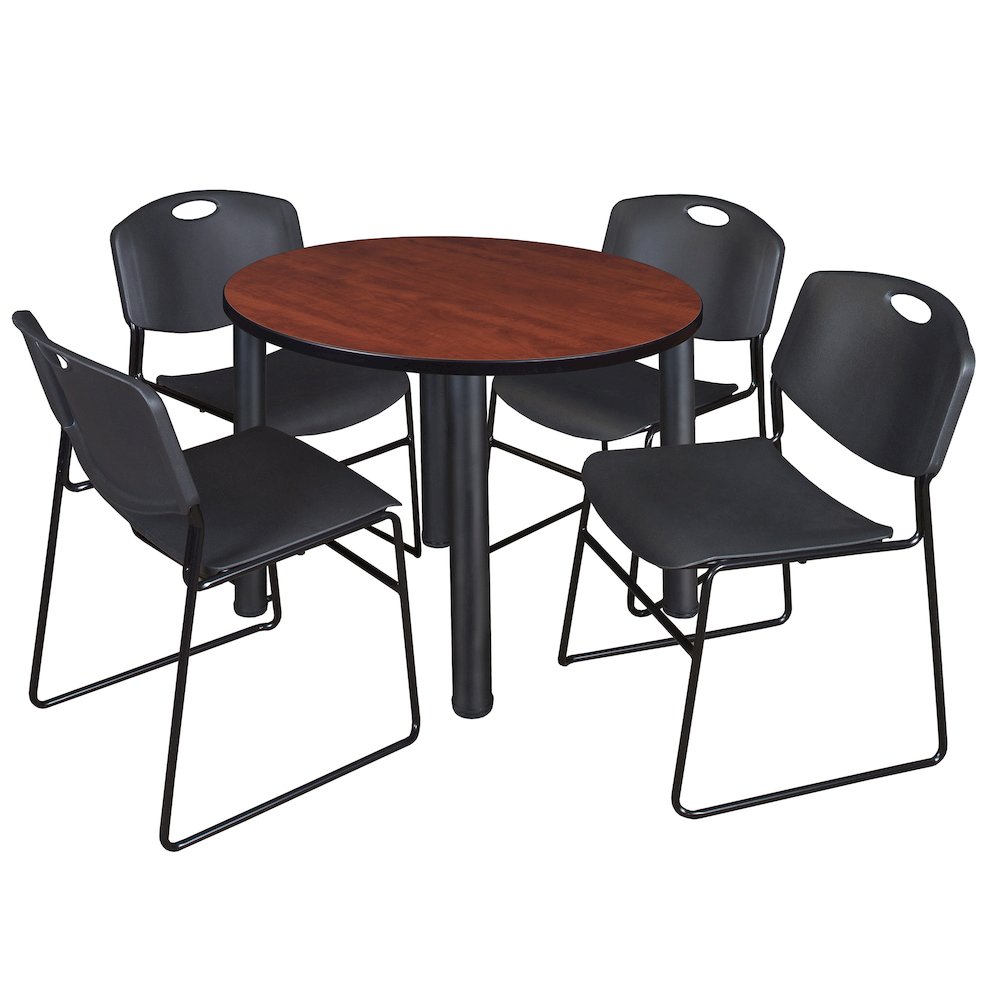 36 in Round Breakroom Table- Cherry Top, Black Legs, 4 Zeng Stack Chairs- Black