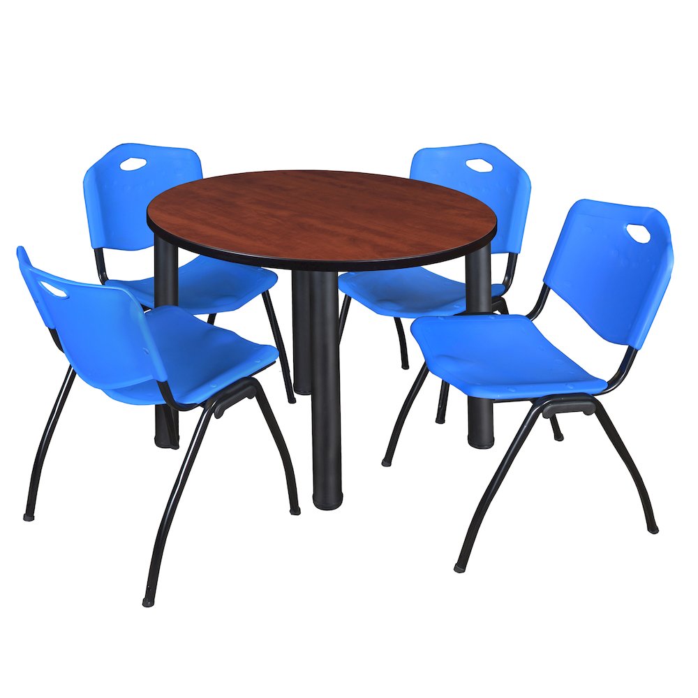 36 in Round Breakroom Table- Cherry Top, Black Legs, 4 M Stack Chairs- Blue