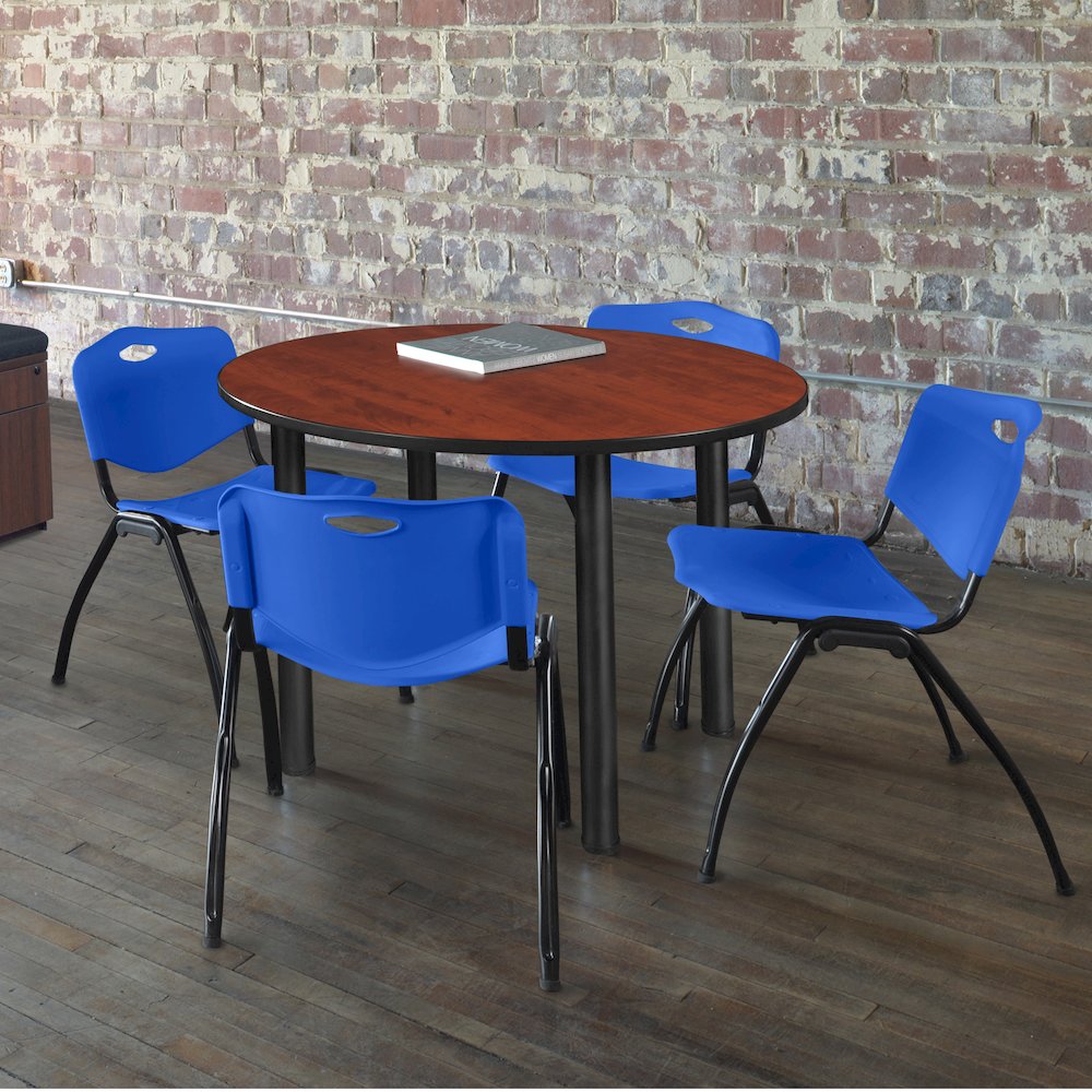 36 in Round Breakroom Table- Cherry Top, Black Legs, 4 M Stack Chairs- Blue