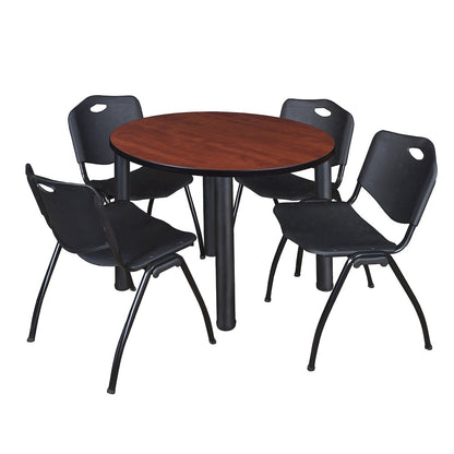 36 in Round Breakroom Table- Cherry Top, Black Legs, 4 M Stack Chairs- Black