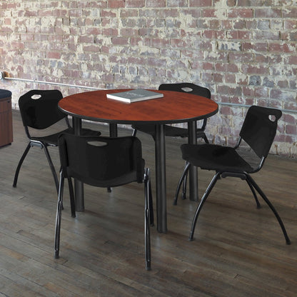36 in Round Breakroom Table- Cherry Top, Black Legs, 4 M Stack Chairs- Black