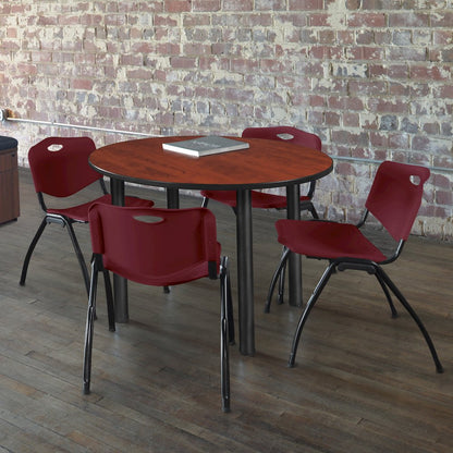 36 in Round Breakroom Table- Cherry Top, Black Legs, 4 M Stack Chairs- Burgundy