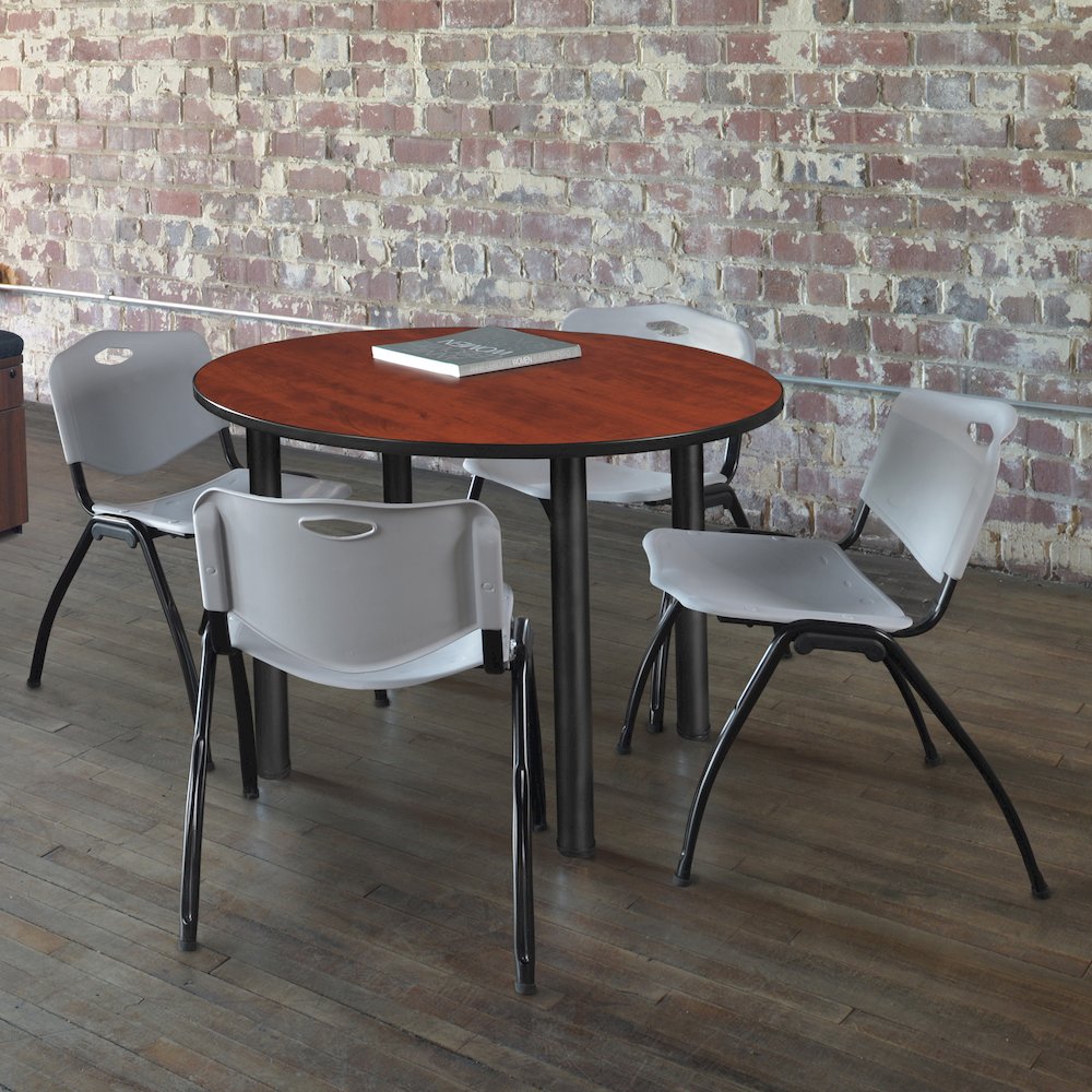 36 in Round Breakroom Table- Cherry Top, Black Legs, 4 M Stack Chairs- Grey