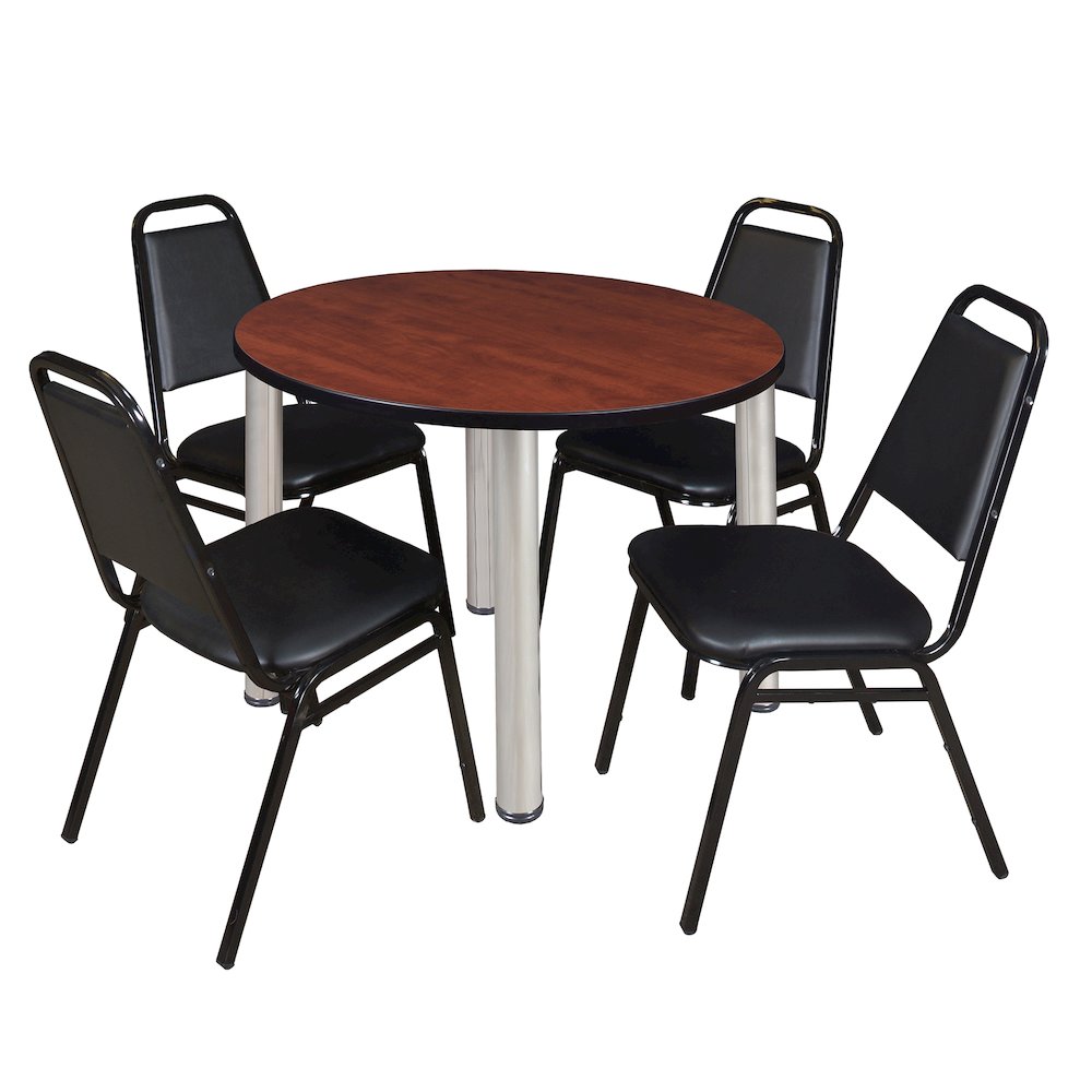 36 in Round Breakroom Table- Cherry Top, Chrome Legs, 4 Restaurant Stack Chairs