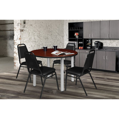 36 in Round Breakroom Table- Cherry Top, Chrome Legs, 4 Restaurant Stack Chairs