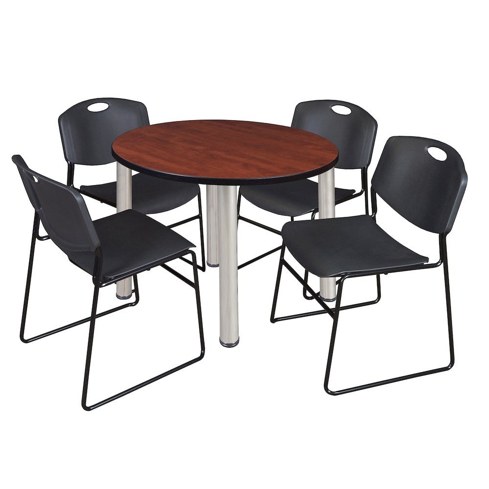 36 in Round Breakroom Table- Cherry Top, Chrome Legs, 4 Zeng Stack Chairs- Black
