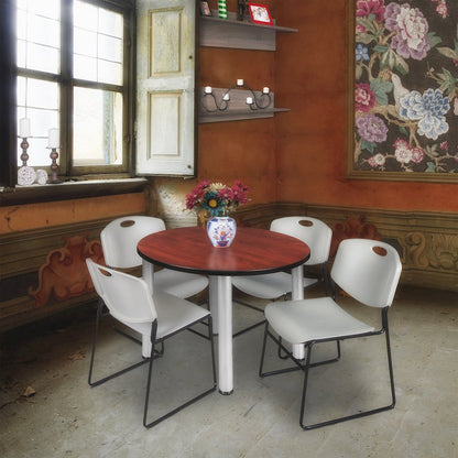 36 in Round Breakroom Table- Cherry Top, Chrome Legs, 4 Zeng Stack Chairs- Grey