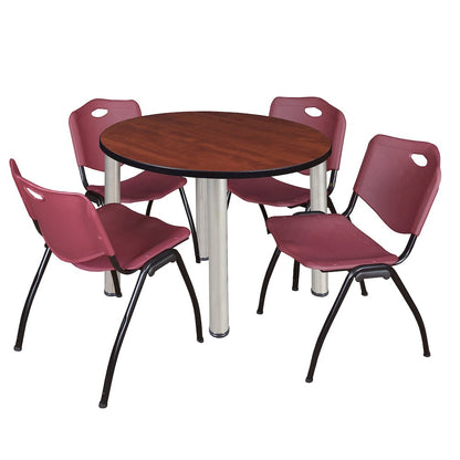 36 in Round Breakroom Table- Cherry Top, Chrome Legs, 4 M Stack Chairs- Burgundy