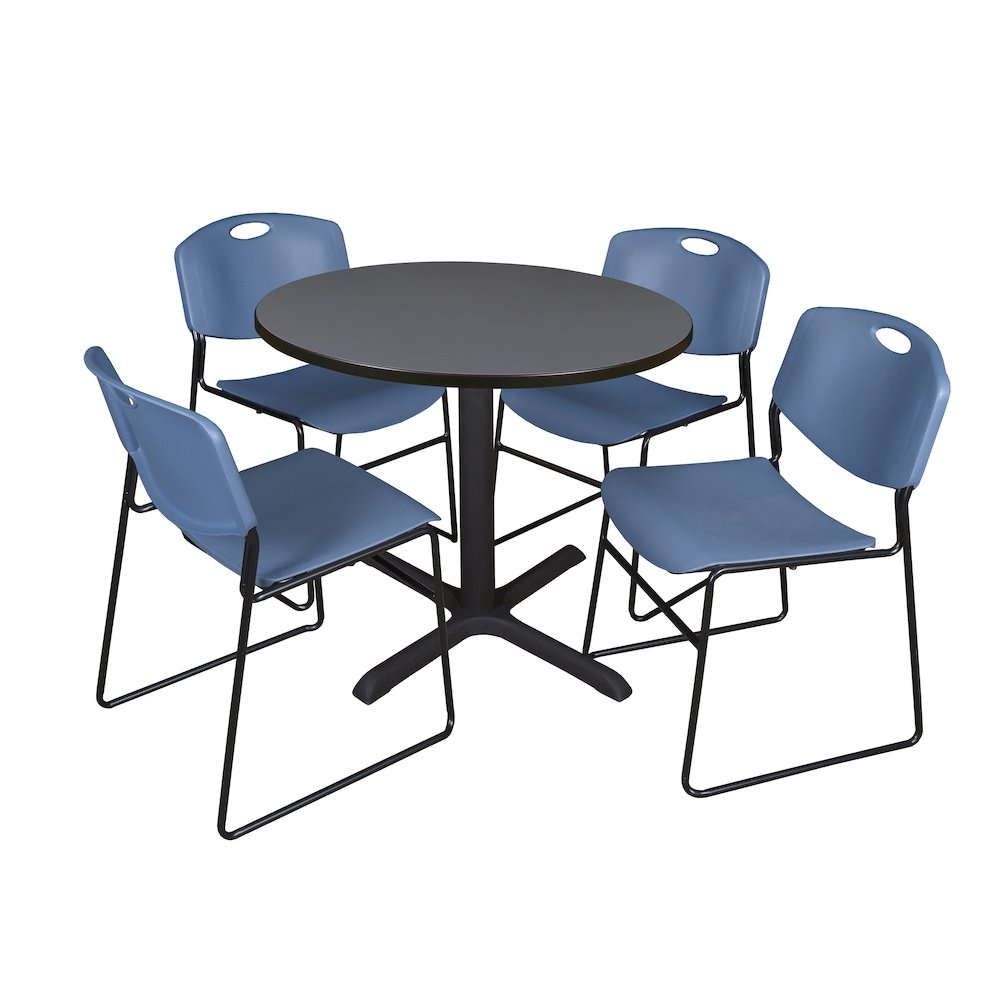 36 in. Round X-Base Breakroom Table- Grey & 4 Zeng Stack Chairs- Blue