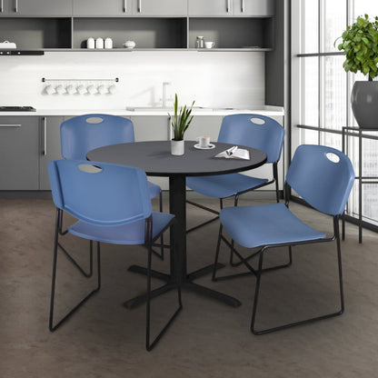 36 in. Round X-Base Breakroom Table- Grey & 4 Zeng Stack Chairs- Blue
