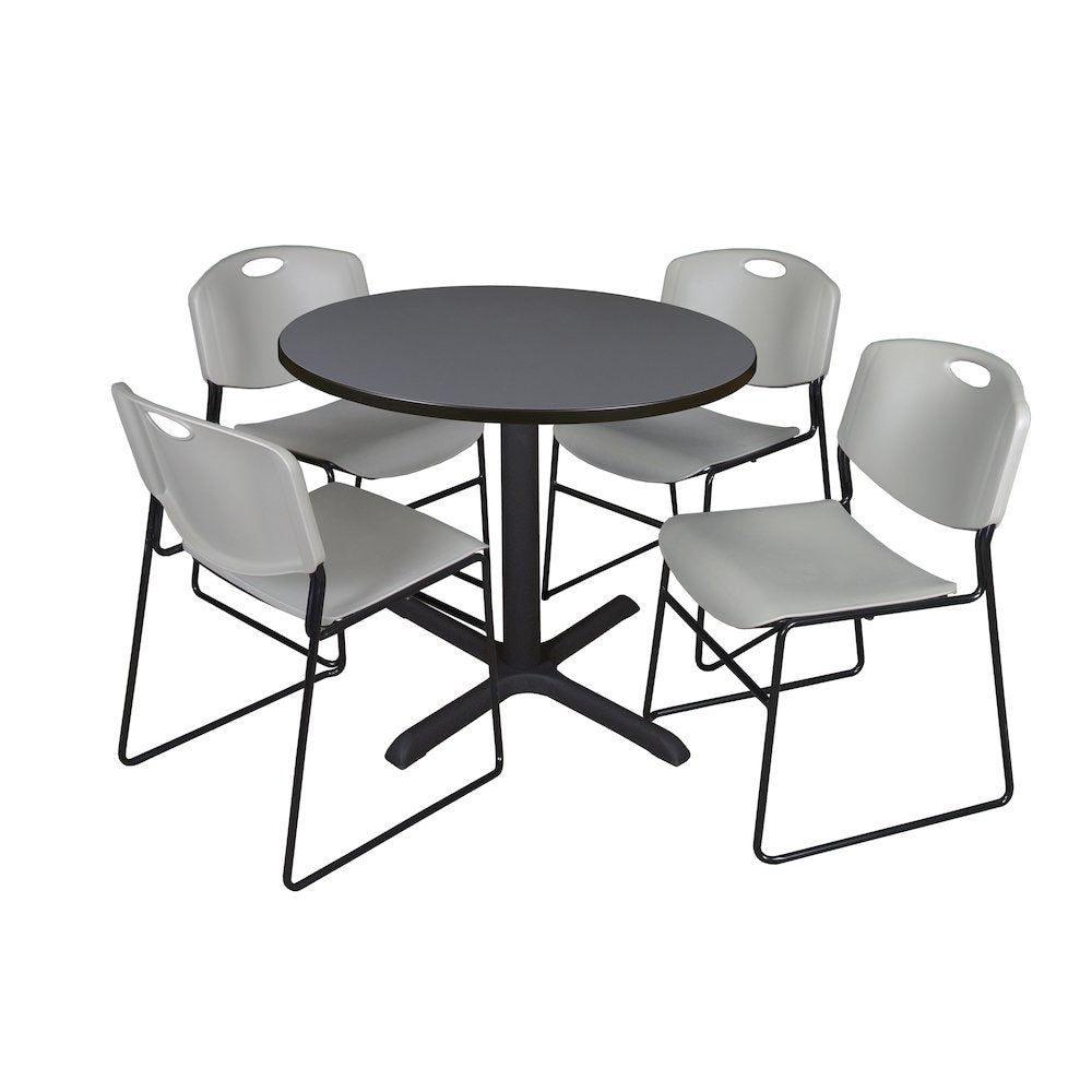 36 in. Round X-Base Breakroom Table- Grey & 4 Zeng Stack Chairs- Grey
