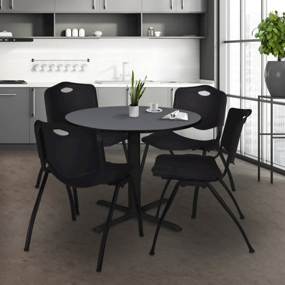 36 in. Round X-Base Breakroom Table- Grey & 4 M Stack Chairs- Black
