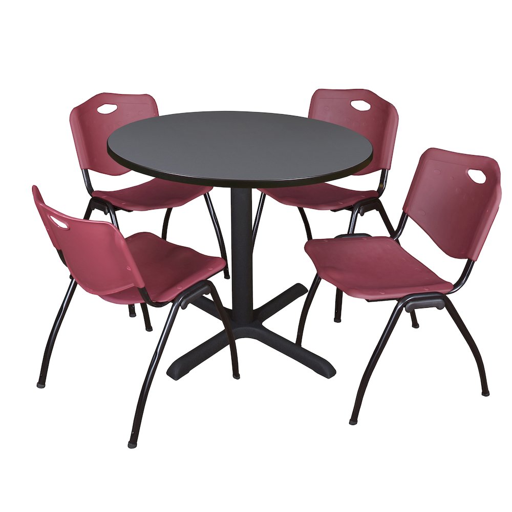36 in. Round X-Base Breakroom Table- Grey & 4 M Stack Chairs- Burgundy