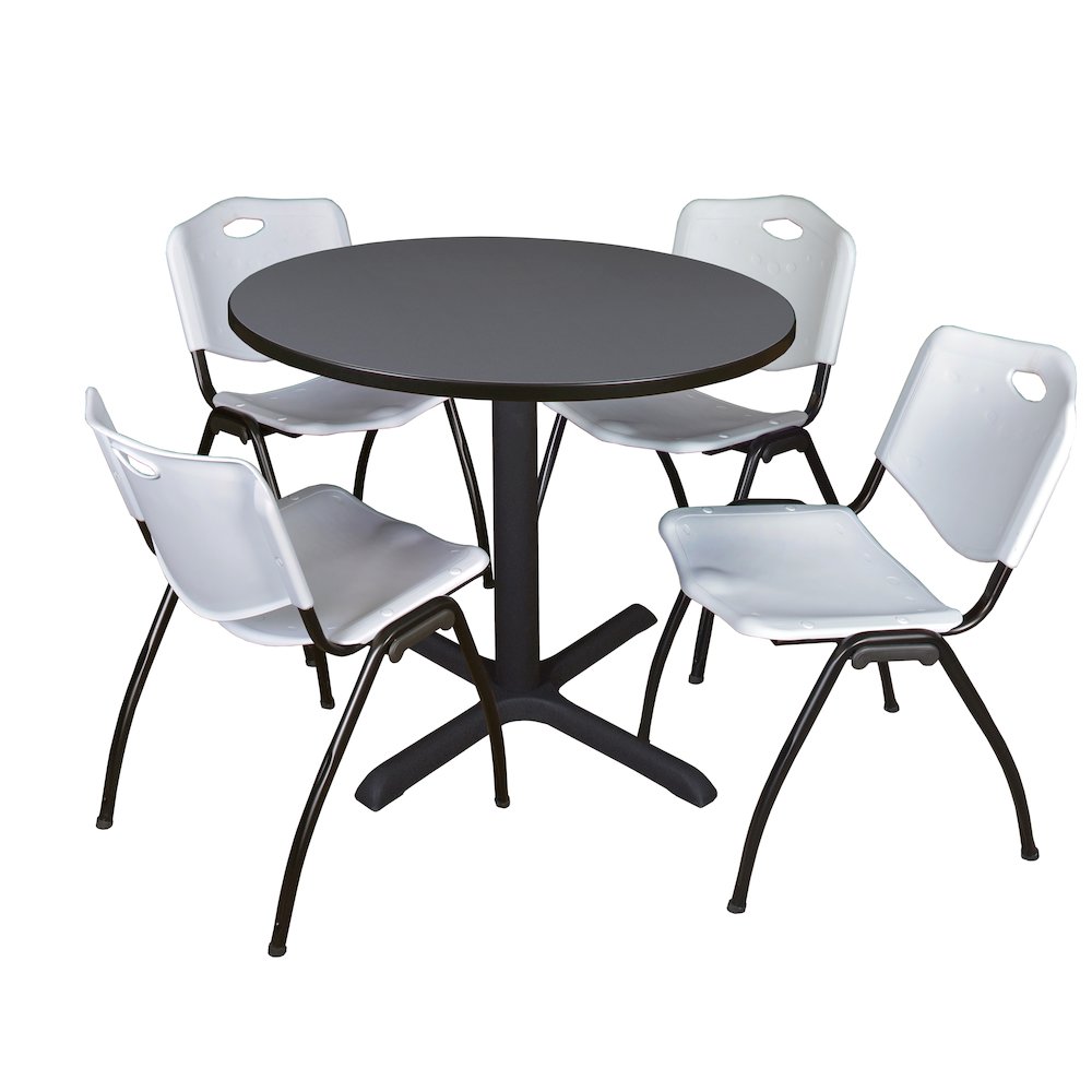 36 in. Round X-Base Breakroom Table- Grey & 4 M Stack Chairs- Grey
