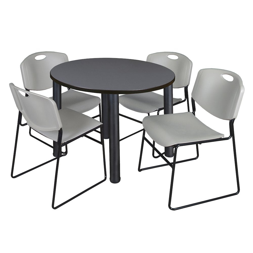 36 in Round Breakroom Table- Grey Top, Black Legs, 4 Zeng Stack Chairs- Grey