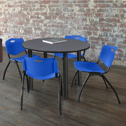 36 in Round Breakroom Table- Grey Top, Black Legs, 4 M Stack Chairs- Blue