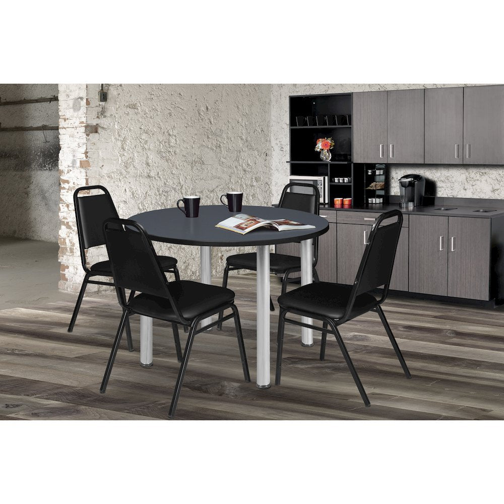 36 in Round Breakroom Table- Grey Top, Chrome Legs, 4 Restaurant Stack Chairs