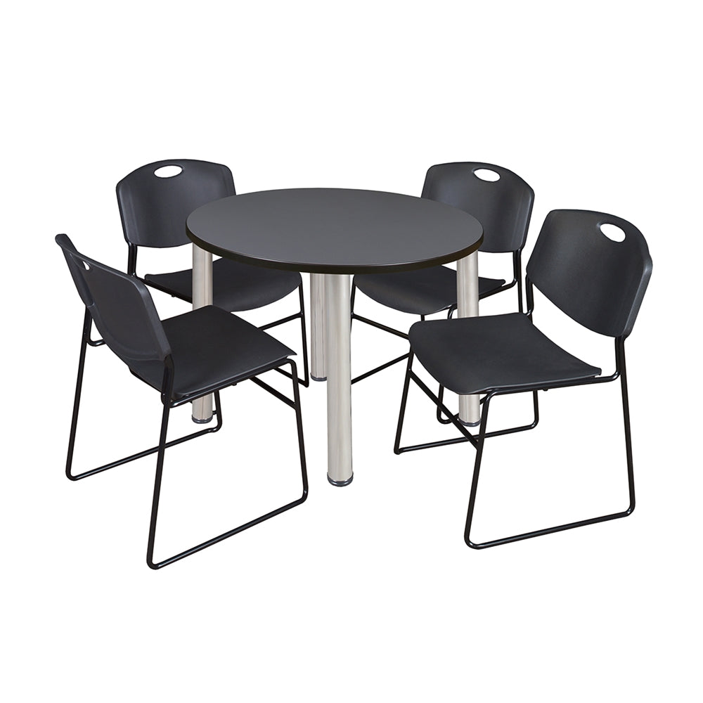 Kee 36" Round Breakroom Table- Grey/ Chrome & 4 Zeng Stack Chairs- Black
