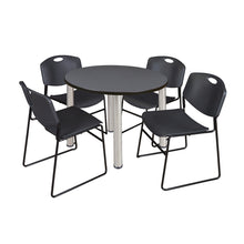Kee 36" Round Breakroom Table- Grey/ Chrome & 4 Zeng Stack Chairs- Black