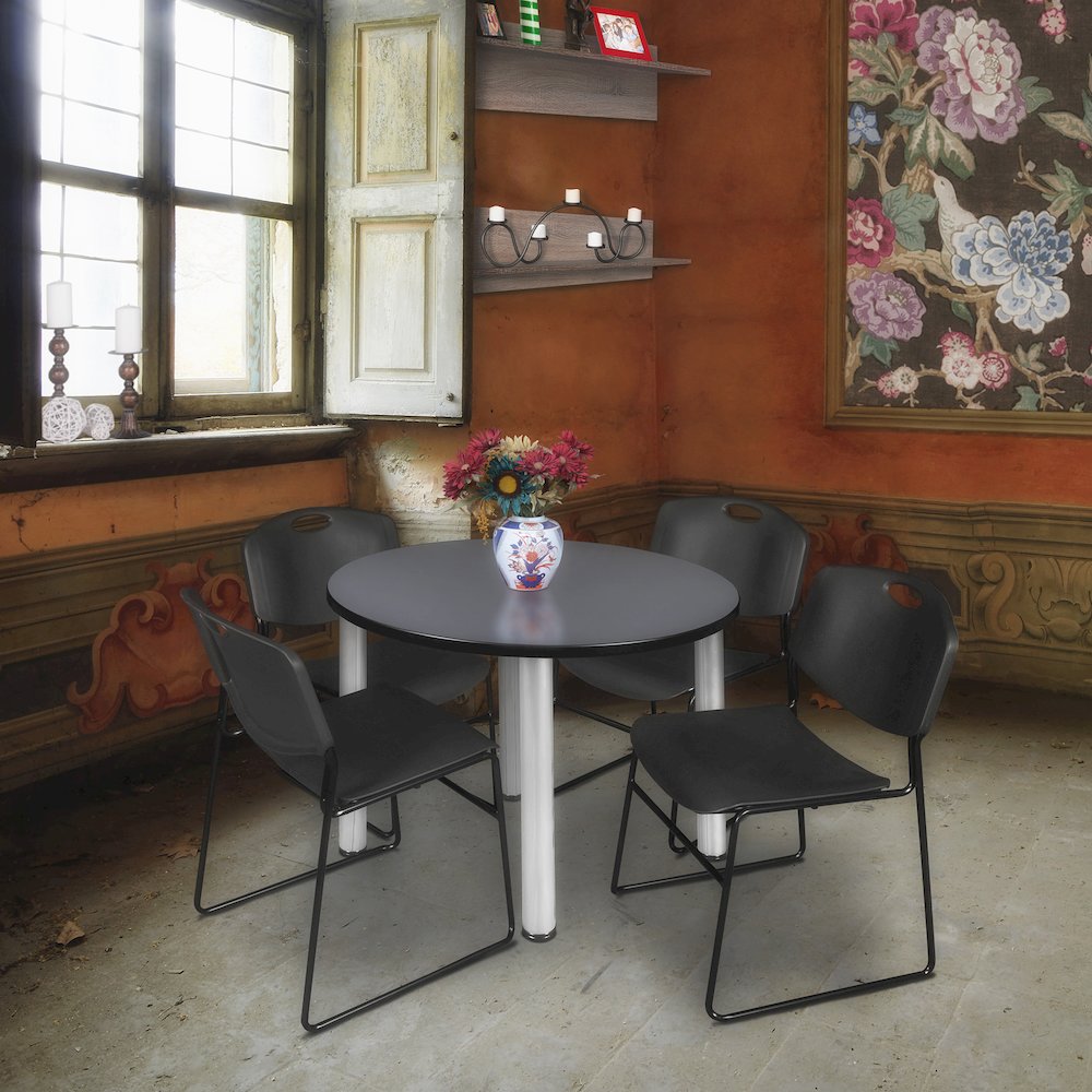 36 in Round Breakroom Table- Grey Top, Chrome Legs, 4 Zeng Stack Chairs- Black