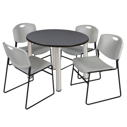 36 in Round Breakroom Table- Grey Top, Chrome Legs, 4 Zeng Stack Chairs- Grey