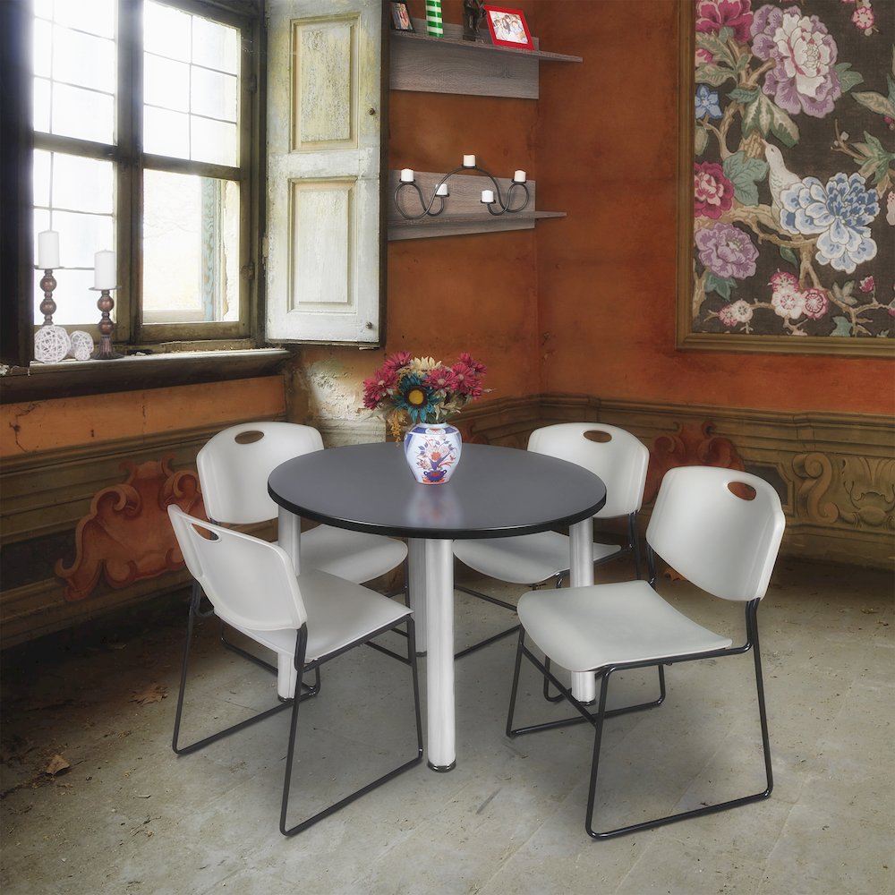 36 in Round Breakroom Table- Grey Top, Chrome Legs, 4 Zeng Stack Chairs- Grey