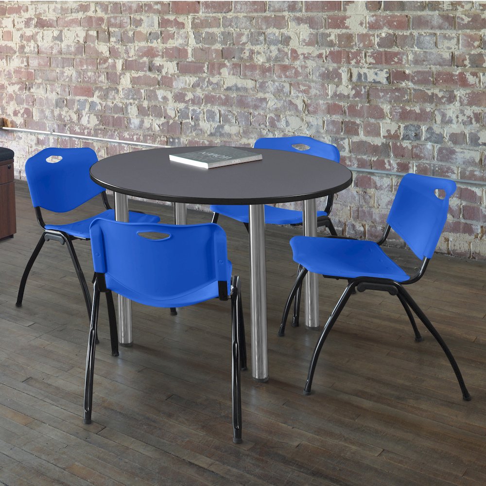 36 in Round Breakroom Table- Grey Top, Chrome Legs, 4 M Stack Chairs- Blue