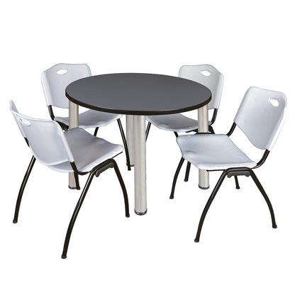 36 in Round Breakroom Table- Grey Top, Chrome Legs, 4 M Stack Chairs- Grey
